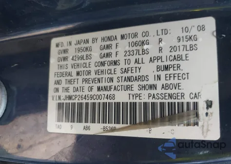 2009 Honda Accord 2.4 Lx-P from USA, damaged, VIN JHMCP26459C007468